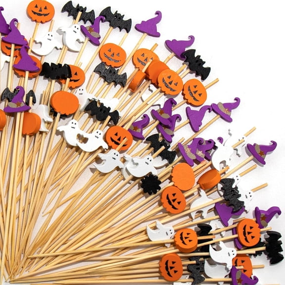 HBMYN Halloween Decor Cocktail Picks, Fancy Toothpicks Food Skewer for Appetizer|100pcs 4.7 Bamboo Fruit Sticks with Pumpkin Ghost Bat Witch Hat Designs for Party Dessert Decoration