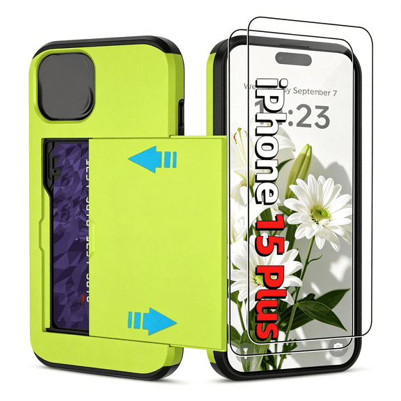 HBMYN Iphone 15 Plus Case Card Holder 2 Pcs Hd Screen Protector Slim Heavy Duty Dual Layer Shockproof Design Hidden Card Slot Wallet Cases Iphone 15 Plus Case 6.7 Inch Neon Green
