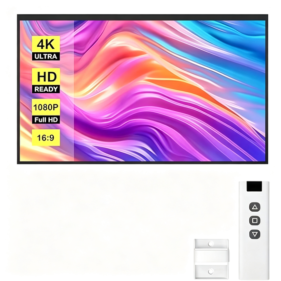 HBMYN Motorized Projector Screen with Remote, 16:9 100 Inch Auto Electric Projection Screen, HD 4K Movie Screen for Home Theater, Cinema, Office (87 x 49 White)