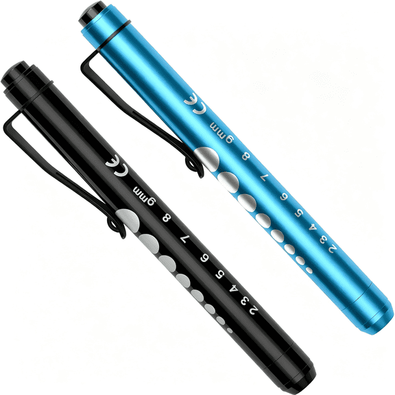 HBMYN Pen Lights for Nurses, 2Pack Reusable Medical Pen Light with Pupil Gauge and Ruler, White Light LED Penlight for Nurse Student Doctors EMT (Black/Blue)