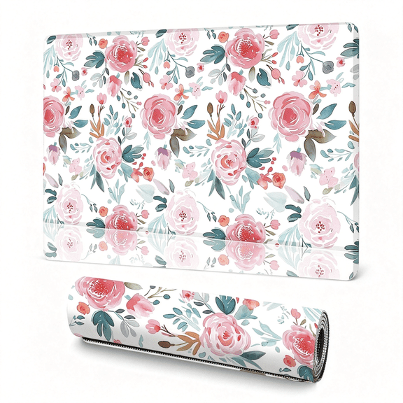 HBMYN Pink Floral Mouse Pad (31.5 x 11.8 Inch), Large Watercolor Rose Desk Mat, Cute Botanical Pattern with Teal Leaves, Non-Slip Laptop Base, Spring Office Decor