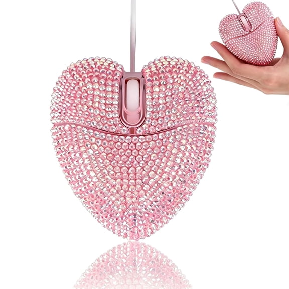 HBMYN Pink Mouse Wired Cute Bling Crystal Rhinestone Heart Shape Portable USB Corded Mice for Chromebook Laptop PC Tablet Home School Office Travel Kids Girl Women Gift,4.59ft Cable