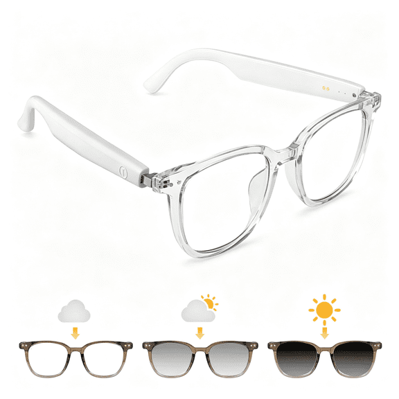HBMYN Smart Glasses for Women,Bluetooth Glasses with Transparent Frame,Photochromic Lenses Touch Control Voice Assistant Open-Ear Audio Hands-Free Calls Lightweight Comfortable for Work Relax