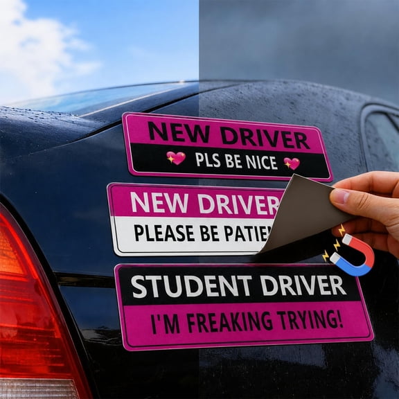 HBMYN Student Driver Magnet for Car 3Pcs, Please Be Patient New Driver Sign, Reflective Magnetic Car Sticker, Reusable Vehicle Safety Warning for Teen Drivers, Beginners