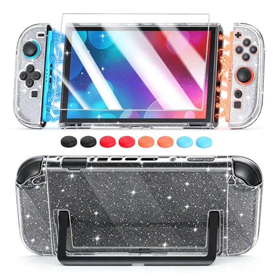 HBMYN Switch 2 Cover Case,Crystal Hard Protective Shell for 2,Improved Easy Dockable Version,Switch 2 Accessories,Slim Shockproof Cute Case with Glass Screen Protector,8 Thump Grip