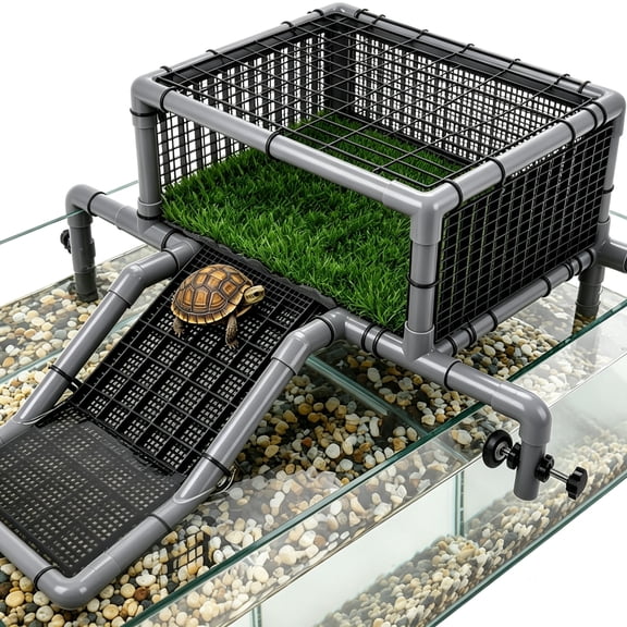 HBMYN Turtle Basking Platform Above Tank-Adjustable 13.5"-18"Width Turtle Dock|Suspended Dry Resting Area with Heat-Resistant Mesh Top&Non-Slip Ramp for 40-90 Gal Aquariums,Zero-Footprint Design