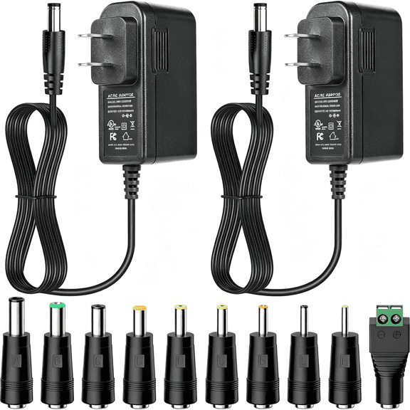 HBMYN UL Listed 12V 2A AC/DC Adapter,12 Volt 2 Amp 24W Power Supply with 10 Tips for LED Strip Lights,CCTV Cameras,Routers,12V Wall Wart Transformer Charger,5ft Power Supply Cord Included(2 Pack)