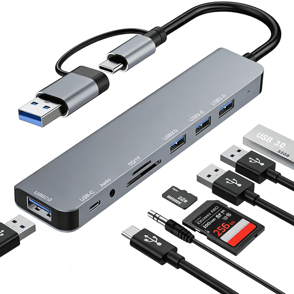 HBMYN USB C Hub USB Hub 3.0, 8 in 2 USB Splitter with USB-C/4 USB A Port Extender, TF/SD Card Reader, 3.5mm Audio Adapter, USBC USB Dongle for PC/Laptop/Tablet/Mac/MacBook/iPad and More Devices