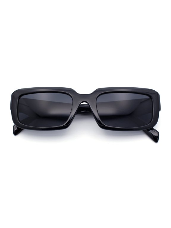 Womens Narrow Rectangle Mod Luxury Geometric Bevel Cut Arm Sunglasses All Black Rectangle Sunglasses for Women