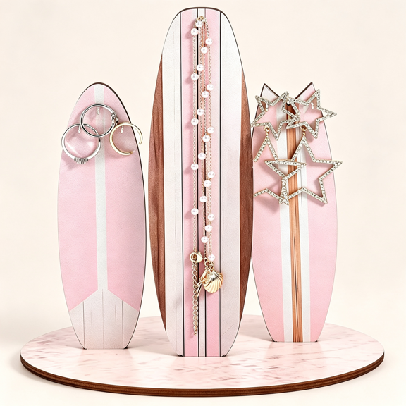 HBMYN Wooden Surfboard Jewelry Stand, Coastal Jewelry Organizer Holder Beach Surf Board for Women Ocean Themed Necklaces Earrings Bracelets Rings Storage Surfer Gift Hawaii Room Decor (Pink)