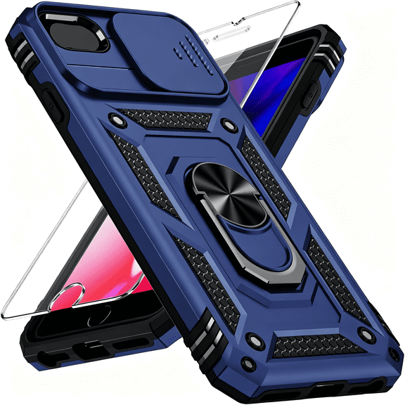 HBMYN for iPhone SE 3rd Generation / 2nd Generation Case,iPhone SE 2022/2020,iPhone 8/7/6 Case with Slide Camera Cover Heavy Duty Kickstand Phone Case,Navy Blue