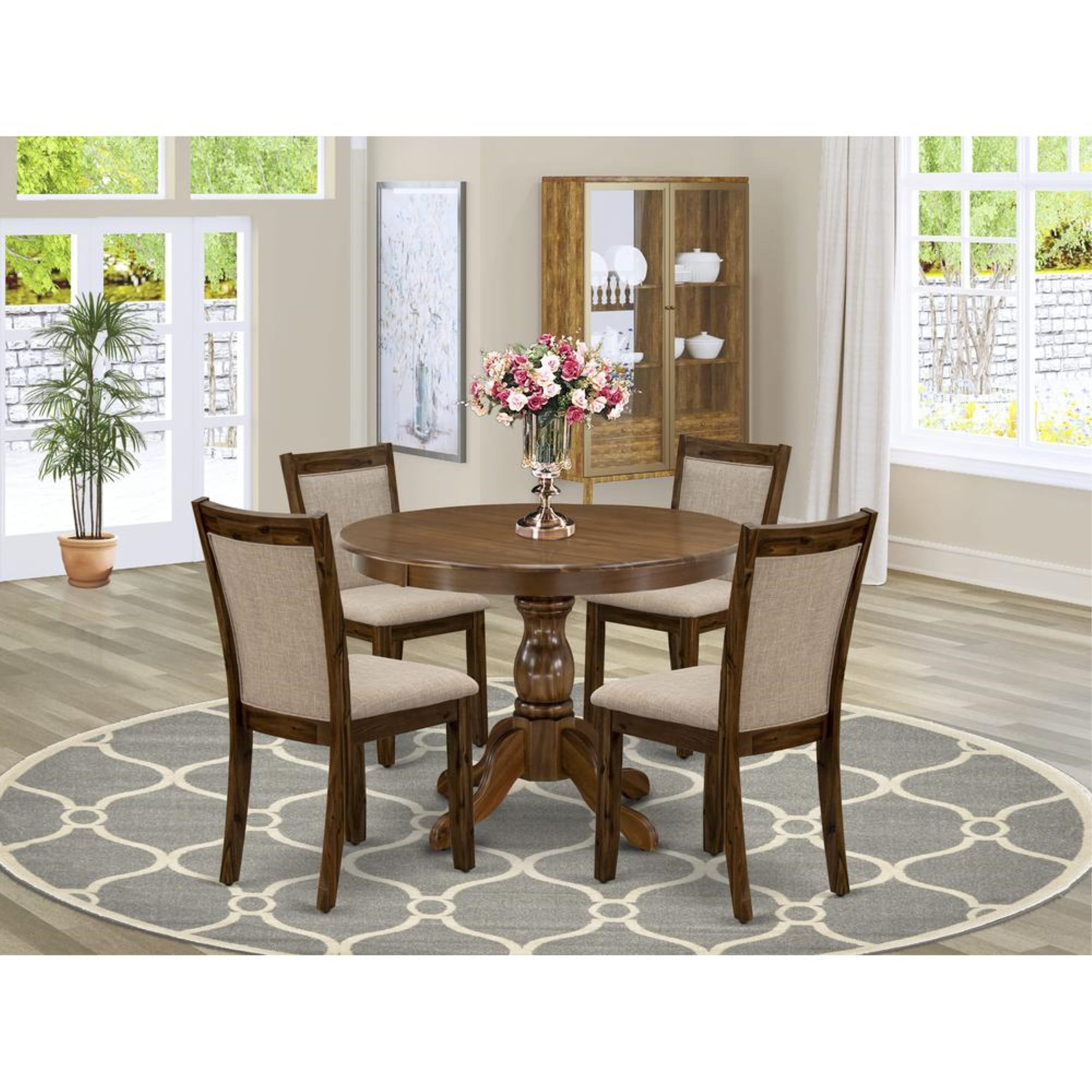 Antique Walnut Round Dining Table Set with Light Tan Linen Chairs