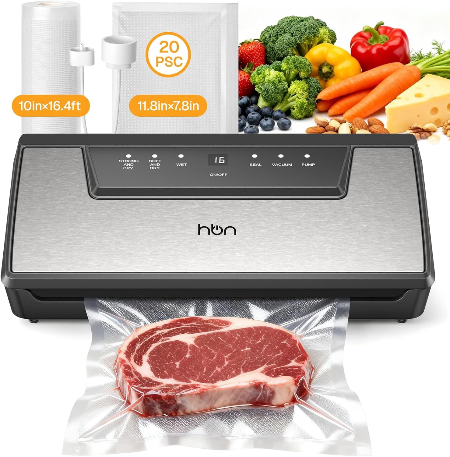 HBN Vacuum Sealer Machine, 80Kpa Automatic Vacuum Sealer Built-in Cutter & Bag Storage,Food Storage Vacuum Sealer with 1 Bag Roll & 20 Bags