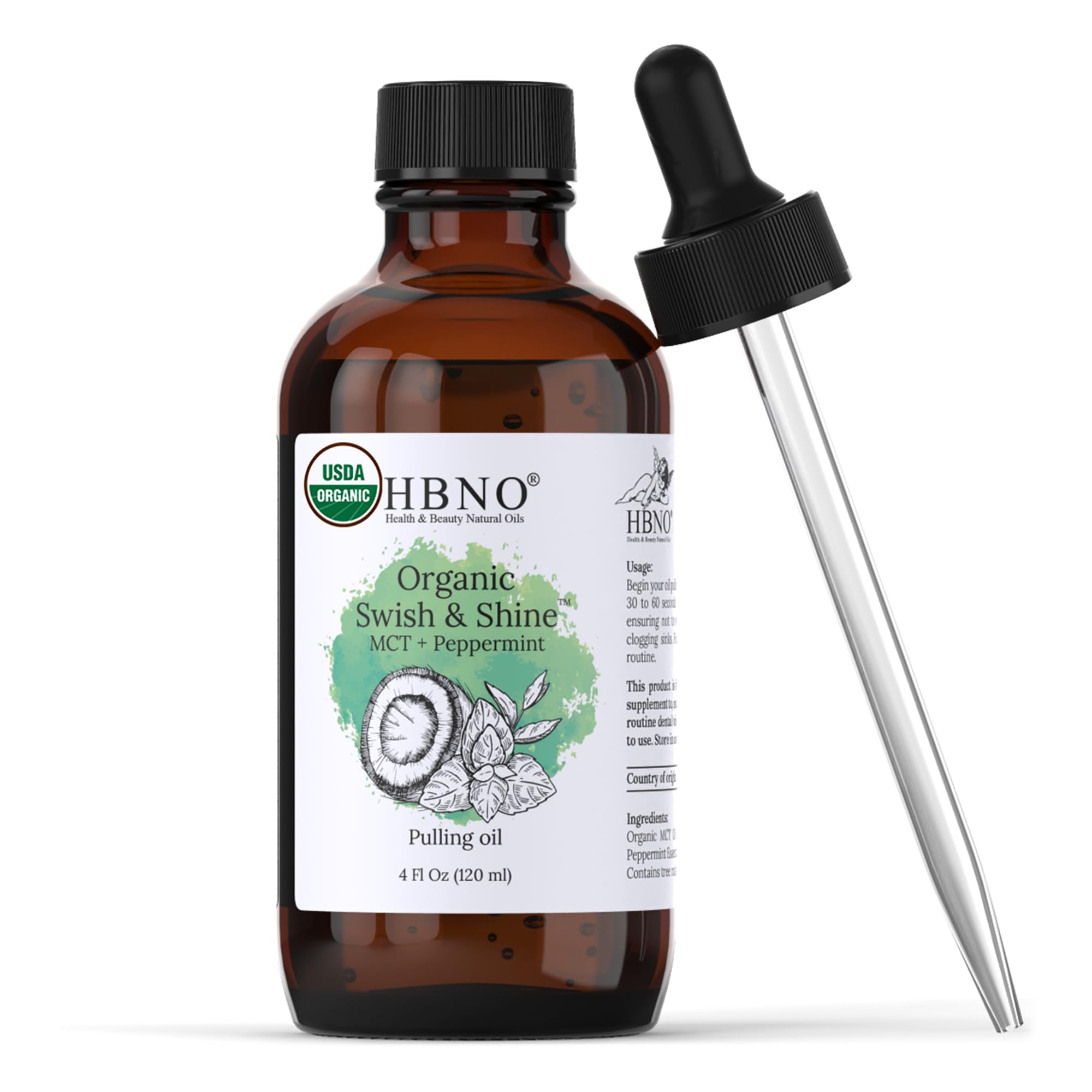 HBNO MCT Oil Pulling Peppermint - Huge 4 oz (120ml) Value Size - Ideal for Everyday use as a Mouth freshener
