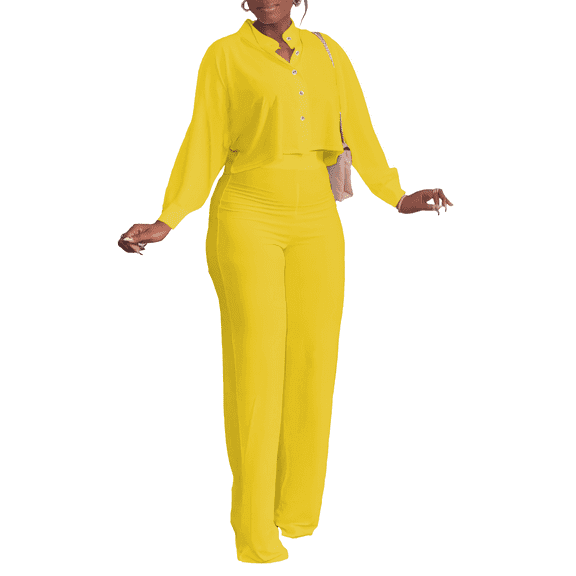 HBQ Women's Summer 2 Piece Outfits Casual Tracksuit Short Sleeve Button Down Crop Top Wide Leg Long Pant Lounge Sets