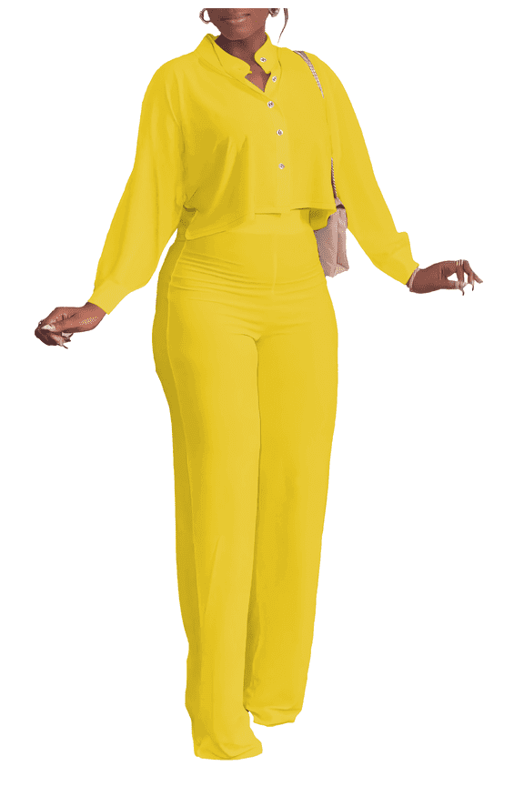 Women's Summer 2 Piece Outfits Casual Tracksuit Short Sleeve Button Down Crop Top Wide Leg Long Pant Lounge Sets