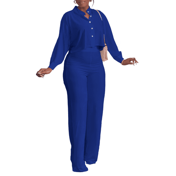 HBQ Women's Summer 2 Piece Outfits Casual Tracksuit Short Sleeve Button Down Crop Top Wide Leg Long Pant Lounge Sets