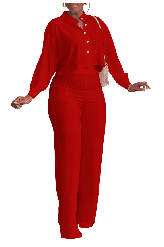 Women's Summer 2 Piece Outfits Casual Tracksuit Short Sleeve Button Down Crop Top Wide Leg Long Pant Lounge Sets