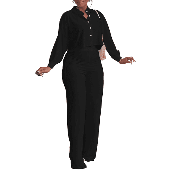 HBQ Women's Summer 2 Piece Outfits Casual Tracksuit Short Sleeve Button Down Crop Top Wide Leg Long Pant Lounge Sets