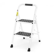HBTower Folding 2 Step Ladder, Step Stool for Adults, Folding Step Stool with Cushioned Handle, Wide Pedal, 330Lbs Load Heavy Duty, White