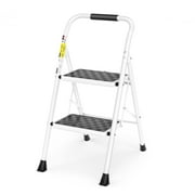 HBTower 2 Step Ladder, 2 Step Stool for Adults, 2 Step Ladder Folding Step Stool with Cushioned Handle, Wide Pedal, 330Lbs Load Heavy Duty, White