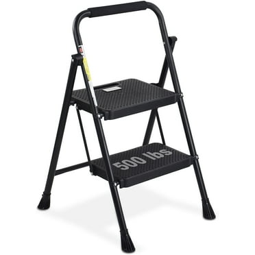 HBTower 2 Step Ladder, Folding Step Stool with Wide Anti-Slip Pedal, Sturdy Steel Ladder, Convenient Handgrip, Lightweight 500lbs Portable Steel Step Stool, Black