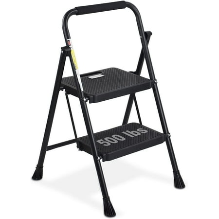 HBTower 2 Step Ladder, Folding Step Stool with Wide Anti-Slip Pedal, Sturdy Steel Ladder, Convenient Handgrip, Lightweight 500lbs Portable Steel Step Stool, Black