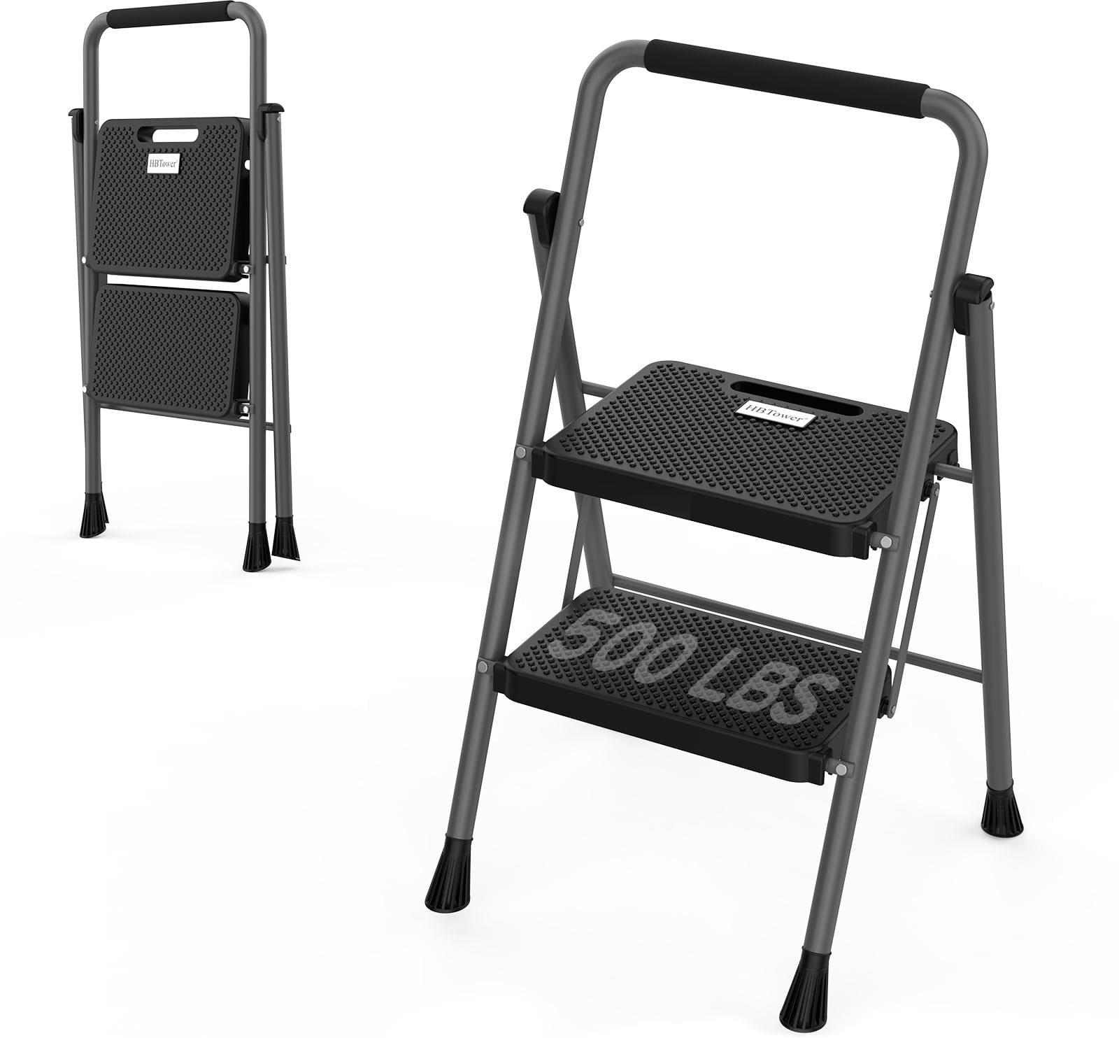 HBTower 2 Step Ladder, Folding Step Stool with Wide Anti-Slip Pedal, Sturdy Steel Ladder, Convenient Handgrip, Lightweight 500lbs Portable Steel Step Stool, Gray