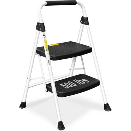HBTower 2 Step Ladder, Folding Step Stool with Wide Anti-Slip Pedal, Sturdy Steel Ladder, Convenient Handgrip, Lightweight 500lbs Portable Steel Step Stool, White