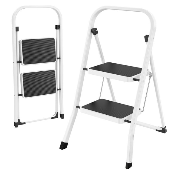 HBTower 2 Step Ladder, Folding Step Stool with Anti-Slip Pedal, Ladders with Convenient Handrails,330 lbs Capacity Step Stool for Kitchen, Home,White