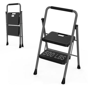 HBTower 2 Step Ladder, Folding Step Stool with Wide Anti-Slip Pedal, Sturdy Steel Ladder, Convenient Handgrip, Lightweight 500lbs Portable Steel Step Stool, Gray