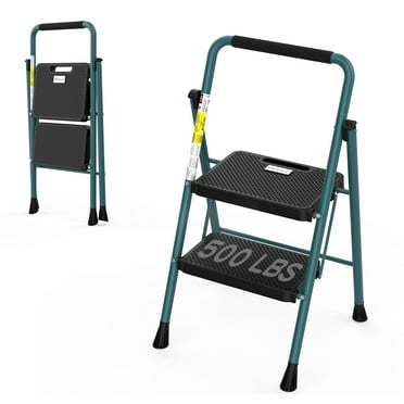HBTower 2 Step Ladder, Folding Step Stool with Wide Anti-Slip Pedal, Sturdy Steel Ladder, Convenient Handgrip, Lightweight 500lbs Portable Steel Step Stool, Green