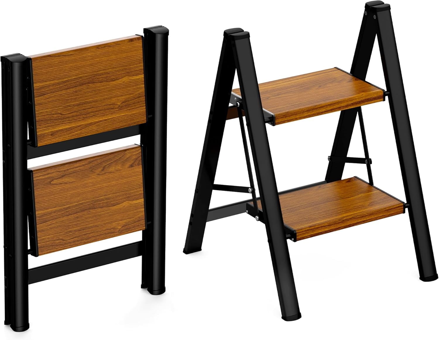 HBTower 2 Step Ladder,Lightweight Aluminum Folding Step Stool with Anti-Slip Wide Pedal,330lbs Capacity, for Household,Kitchen,Office, BlackWoodgrain