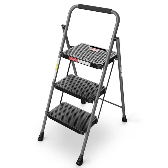 HBTower 3 Step Folding Ladder, Lightweight & Portable Step Stool with Extra-Wide Anti-Slip Pedal & Safety Grip Rail, for Kitchen, Garage & Outdoor, Gray