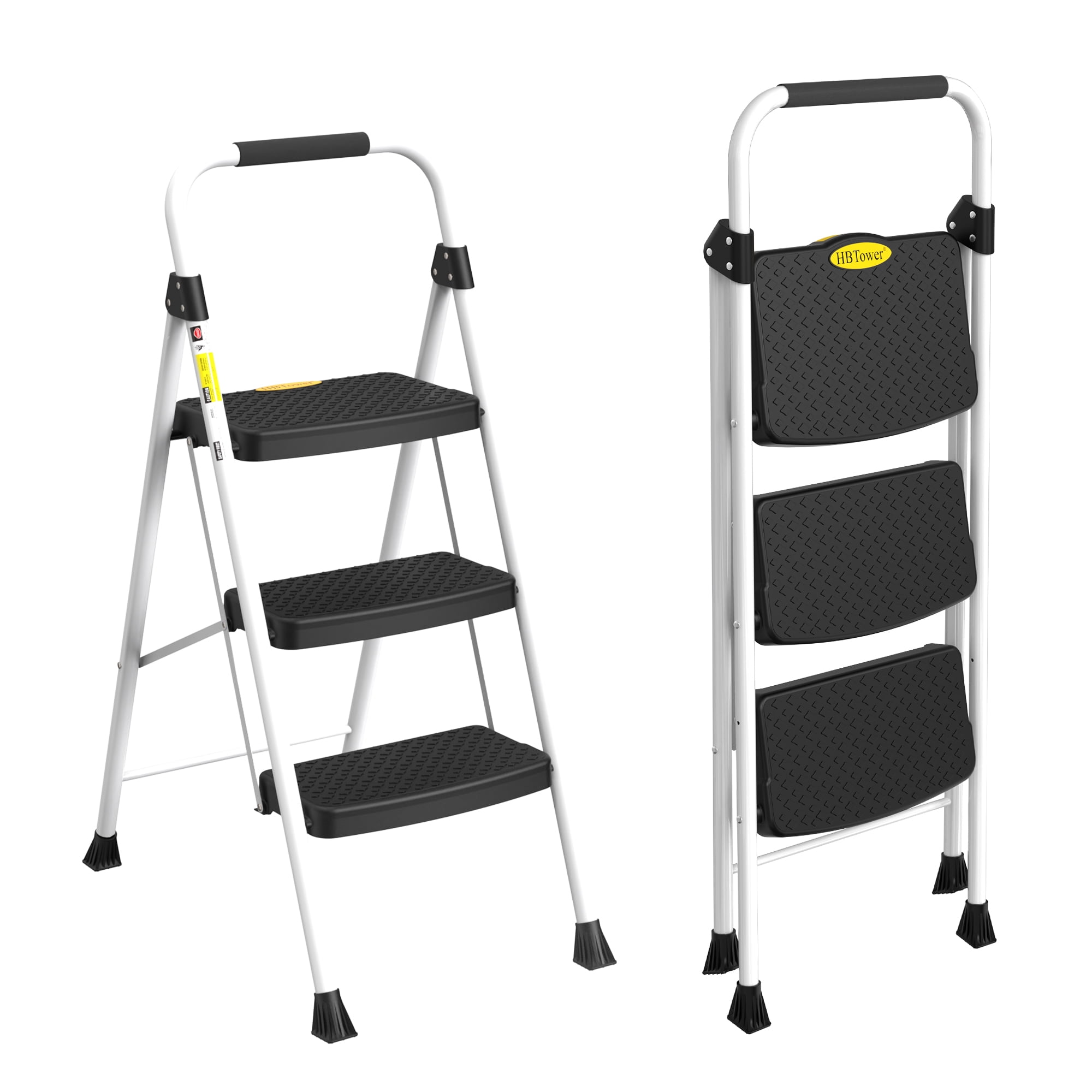 HBTower 3 Step Folding Ladder, Lightweight & Portable Step Stool with Extra-Wide Anti-Slip Pedal & Safety Grip Rail, for Kitchen, Garage & Outdoor, White