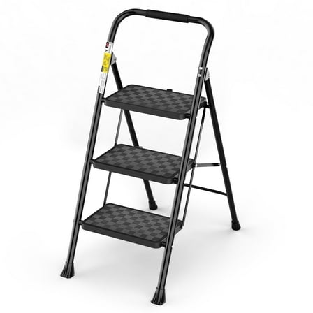 HBTower 3 Step Ladder, 3 Step Stool for Adults, Folding Step Stool with Cushioned Handle, Wide Pedal, 330Lbs Load Heavy Duty, Black