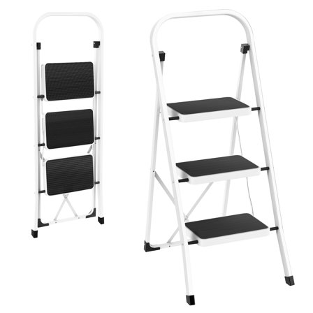 3 Step Ladder, Lightweight Folding Step Stools for Adults with Anti-Slip Pedal, Portable Sturdy Steel Ladder with Handrails, Perfect for Kitchen & Household, 330 lbs Capacity, White