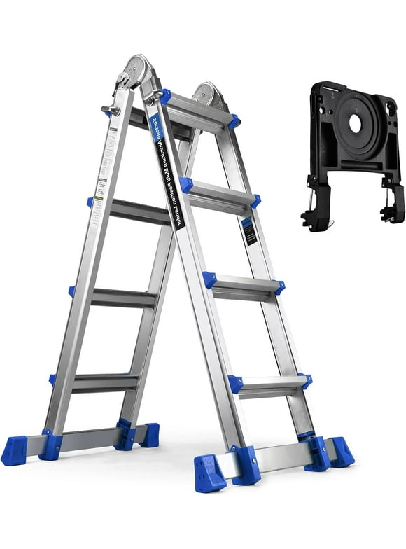 HBTower 4 Step Extension Ladder, with Removable Tool Tray and Stabilizer Bar, 17 Ft 330 lbs Capacity Outdoor Work, Blue
