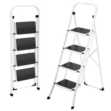 HBTower 4 Step Folding Ladder, Lightweight Portable Stepladder with Anti-Slip Pedal, Ladders with Convenient Handrails,330 lbs Capacity Step Stool for Kitchen, Home,White