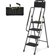 HBTower 4 Step Ladder with Handrails and Tool Bag, Folding Step Stool with Attachable Anti-Slip Wide Pedal, Black