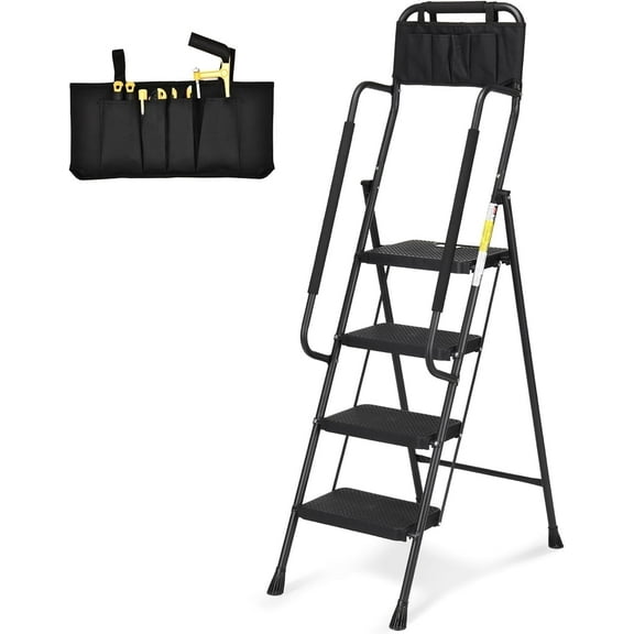 HBTower 4 Step Ladder with Handrails and Tool Bag, Folding Step Stool with Attachable  Anti-Slip Wide Pedal, Black