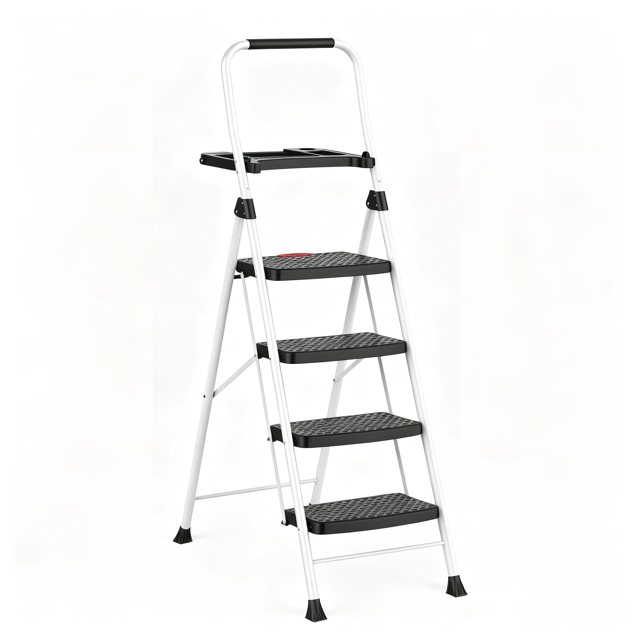 HBTower 4 Step Ladder with Tool Tray, 330 lbs Heavy Duty Folding Step Stool with Wide and Anti-Slip Pedal and Convenient Handrail, for Kitchen, Garage, Outdoor Use, White