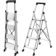 HBTower 4 Step Ladder with Tool Tray, Aluminum Anti-Slip Folding Step Stool for Adults, 330lbs Capacity, Light Weight Portable Ladder for Kitchen Warehouse Outdoor Work