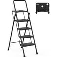 thumbnail image 1 of HBTower 4 Step Ladder with Tool Tray, Folding Step Stool with Wide Anti-Slip Pedal, Sturdy Steel Ladder, Convenient Handrail, Lightweight, Portable Steel Step Stool, Black, 1 of 10