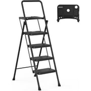 HBTower 4 Step Ladder with Tool Tray, Folding Step Stool with Wide Anti-Slip Pedal, Sturdy Steel Ladder, Convenient Handrail, Lightweight, Portable Steel Step Stool, Black