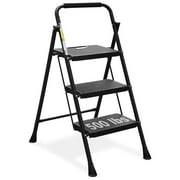 HBTower 3 Step Ladder, Folding Step Stool with Wide Anti-Slip Pedal, Convenient Handgrip, Lightweight 500lbs, Portable Steel Step Stool, Black