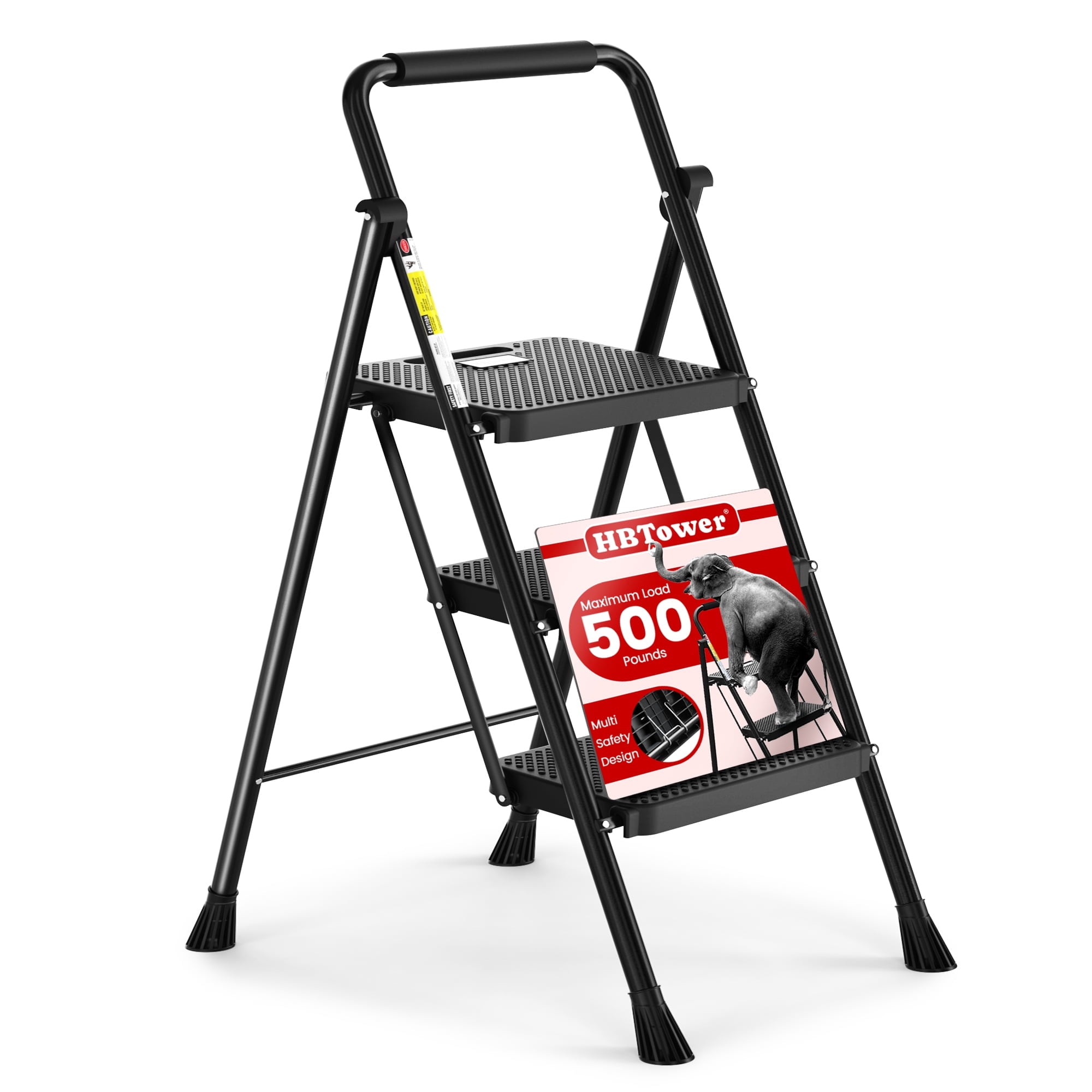 HBTower 3 Step Ladder, Folding Step Stool with Wide Anti-Slip Pedal, Convenient Handgrip, Lightweight 500lbs, Portable Steel Step Stool, Black