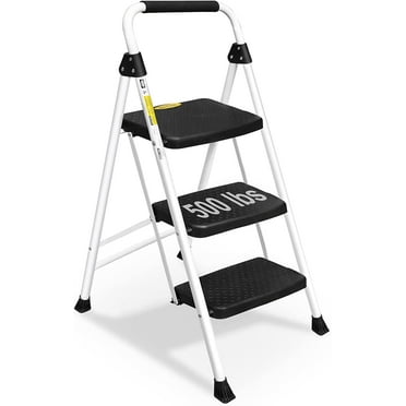 HBTower Folding 3 Step Ladder with Unique Snap-Lock Design, 500 lb. Capacity Sturdy Steel Ladder, Lightweight, Portable Step Stool with Handle, White