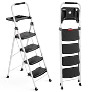 HBTower Folding 4 Step Ladder with Tool Tray, Wide Anti-Slip Pedal and Anti-Slip Feet, 330lbs Capacity, White