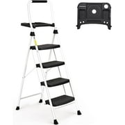 HBTower Folding 4-Step Stool Ladder, 330lbs, with Tool Tray, Anti-Slip Pedal, Steel Handgrip, White